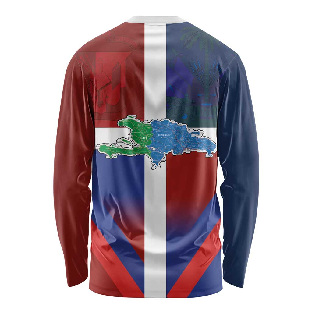 Haiti and Dominican Republic Long Sleeve Shirt Hispaniola with Emblems and Flag Style