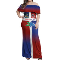 Haiti and Dominican Republic Off Shoulder Maxi Dress Hispaniola with Emblems and Flag Style
