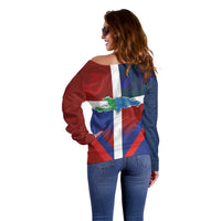 Haiti and Dominican Republic Off Shoulder Sweater Hispaniola with Emblems and Flag Style