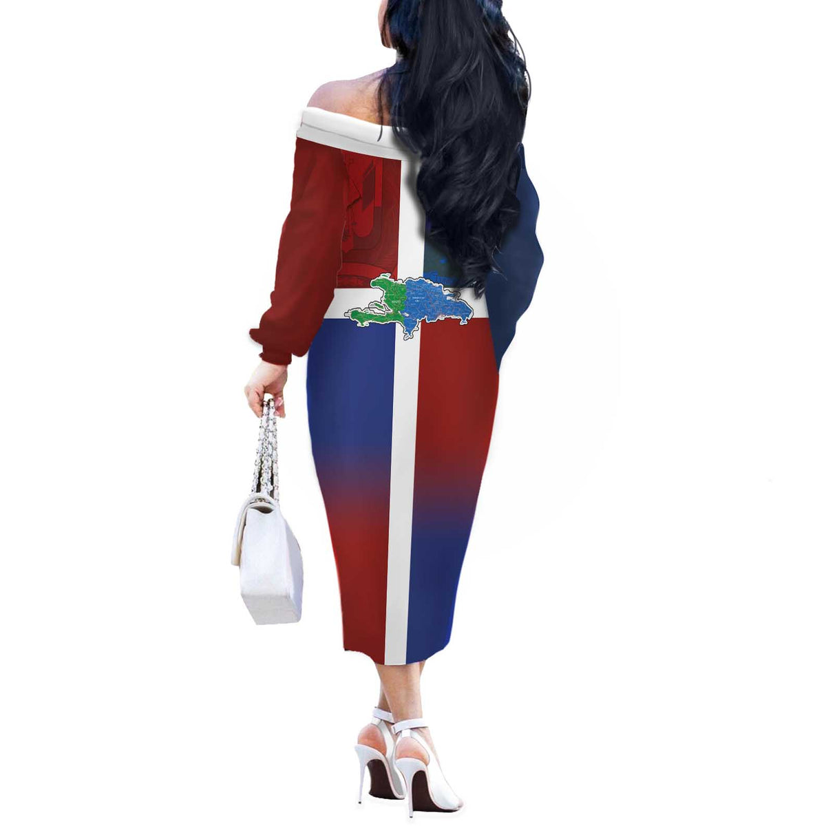 Haiti and Dominican Republic Off The Shoulder Long Sleeve Dress Hispaniola with Emblems and Flag Style
