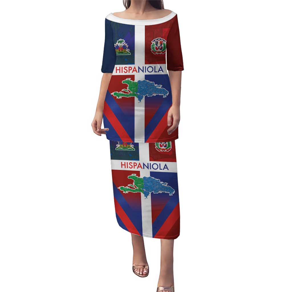 Haiti and Dominican Republic Puletasi Hispaniola with Emblems and Flag Style