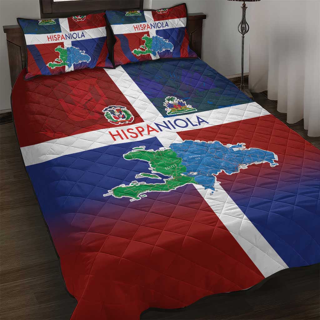 Haiti and Dominican Republic Quilt Bed Set Hispaniola with Emblems and Flag Style