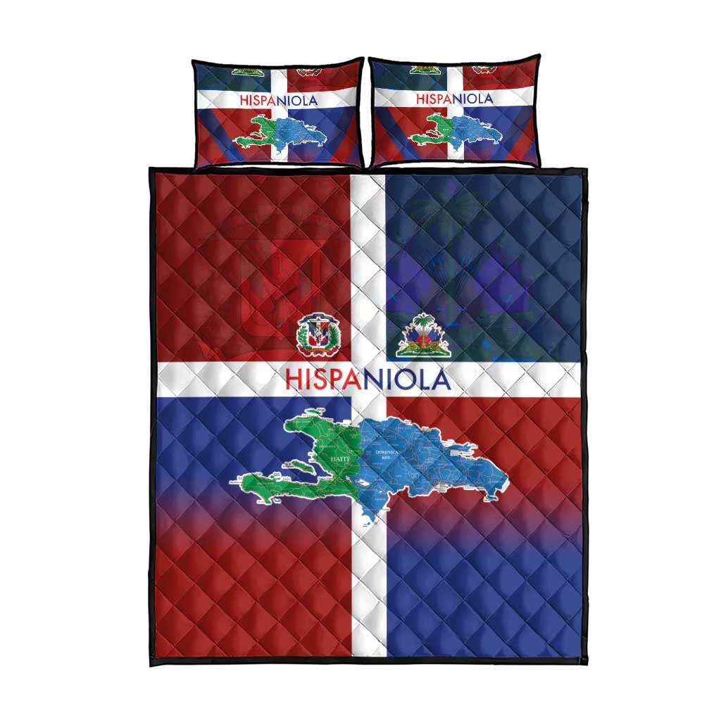 Haiti and Dominican Republic Quilt Bed Set Hispaniola with Emblems and Flag Style