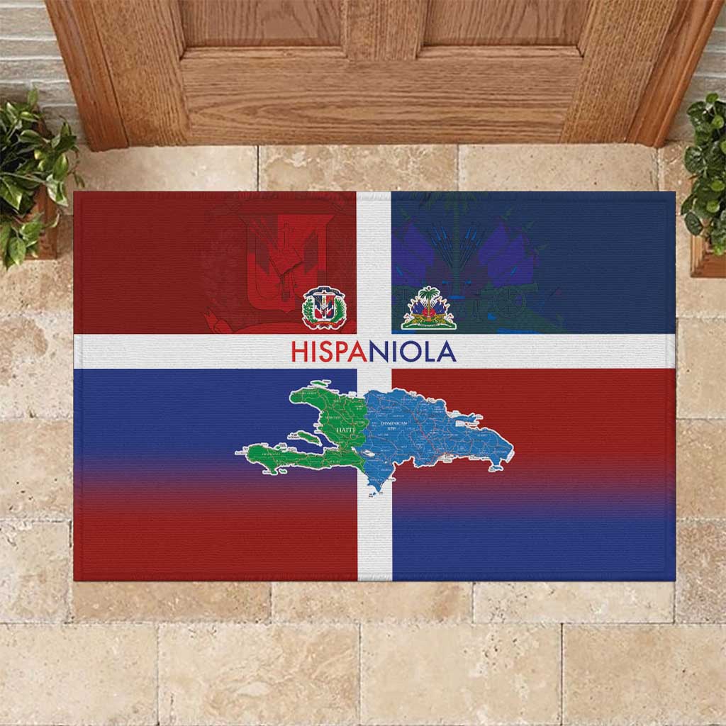 Haiti and Dominican Republic Rubber Doormat Hispaniola with Emblems and Flag Style