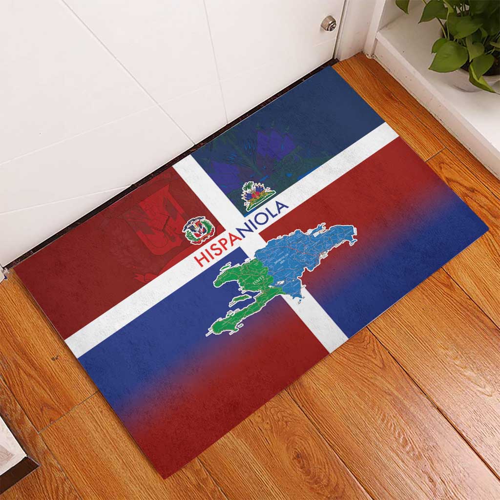 Haiti and Dominican Republic Rubber Doormat Hispaniola with Emblems and Flag Style