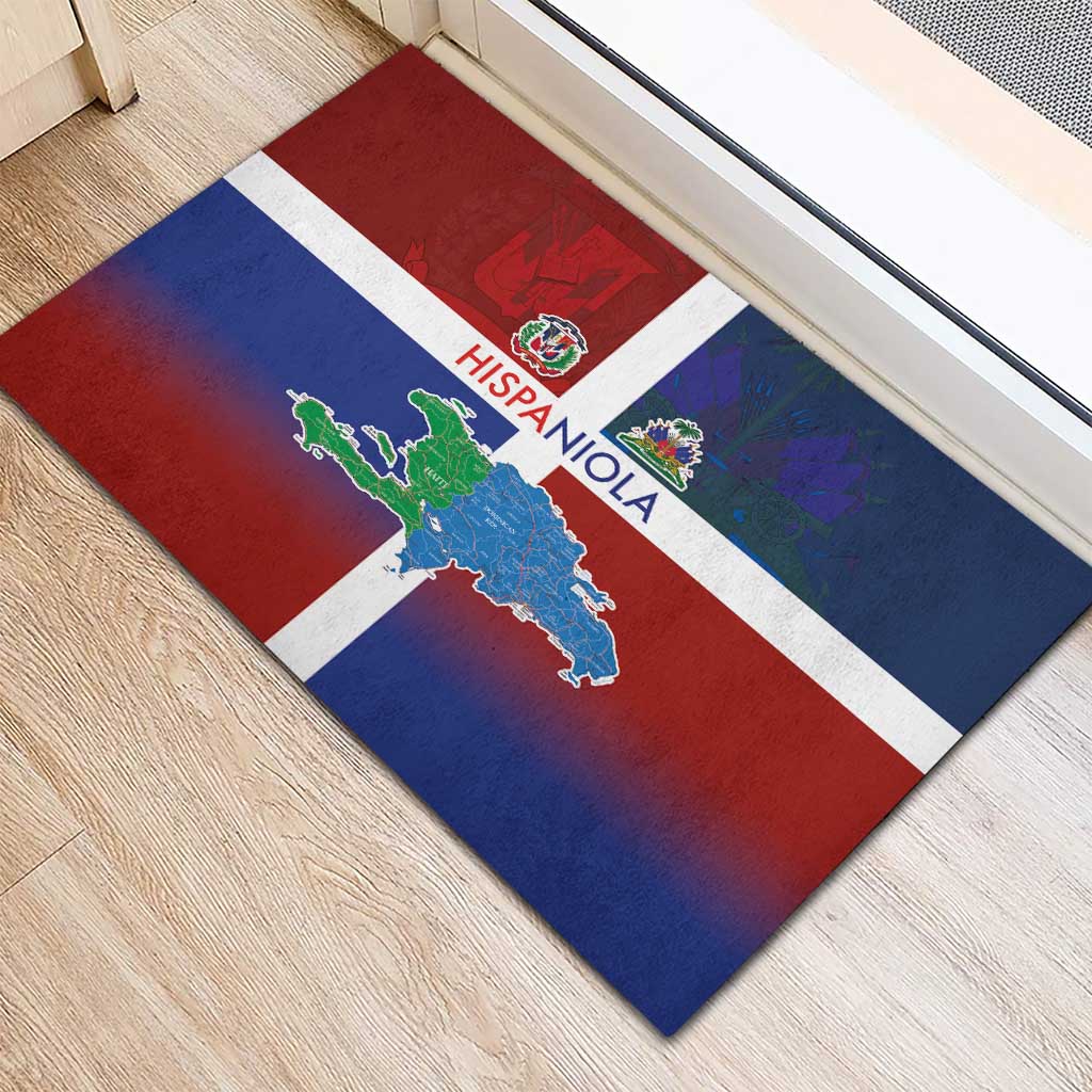 Haiti and Dominican Republic Rubber Doormat Hispaniola with Emblems and Flag Style
