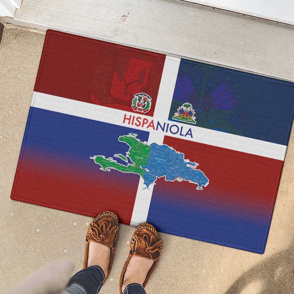 Haiti and Dominican Republic Rubber Doormat Hispaniola with Emblems and Flag Style