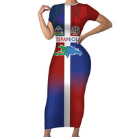 Haiti and Dominican Republic Short Sleeve Bodycon Dress Hispaniola with Emblems and Flag Style