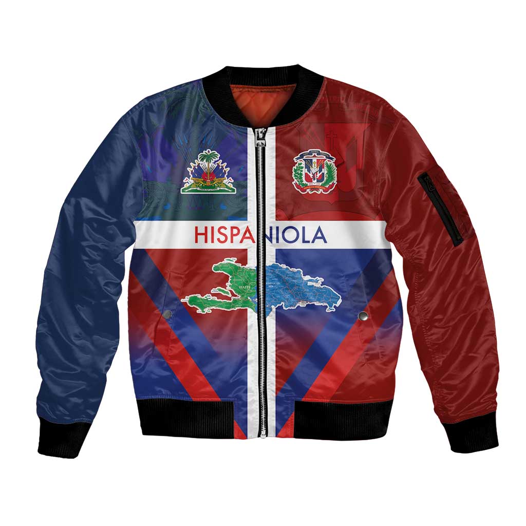 Haiti and Dominican Republic Sleeve Zip Bomber Jacket Hispaniola with Emblems and Flag Style