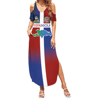 Haiti and Dominican Republic Summer Maxi Dress Hispaniola with Emblems and Flag Style