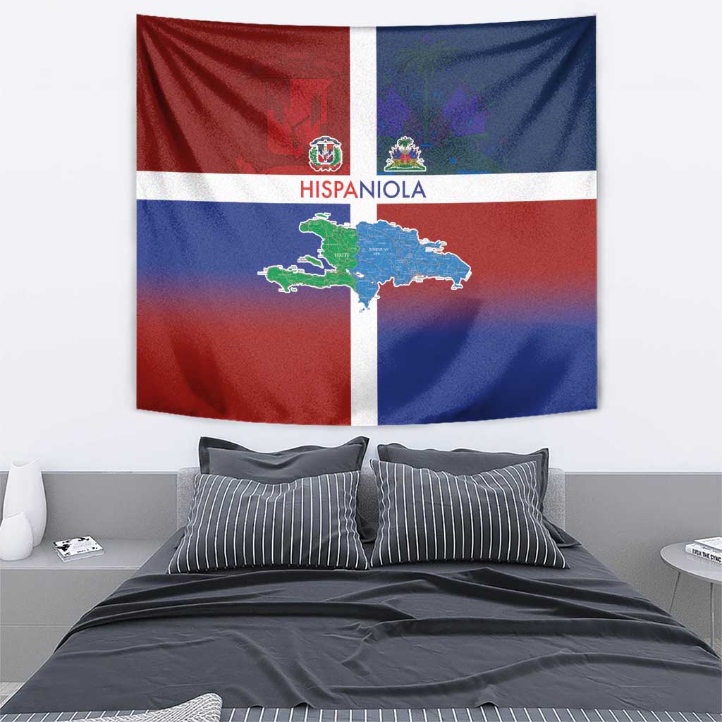 Haiti and Dominican Republic Tapestry Hispaniola with Emblems and Flag Style