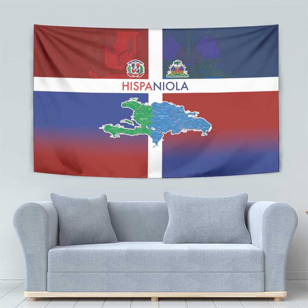 Haiti and Dominican Republic Tapestry Hispaniola with Emblems and Flag Style