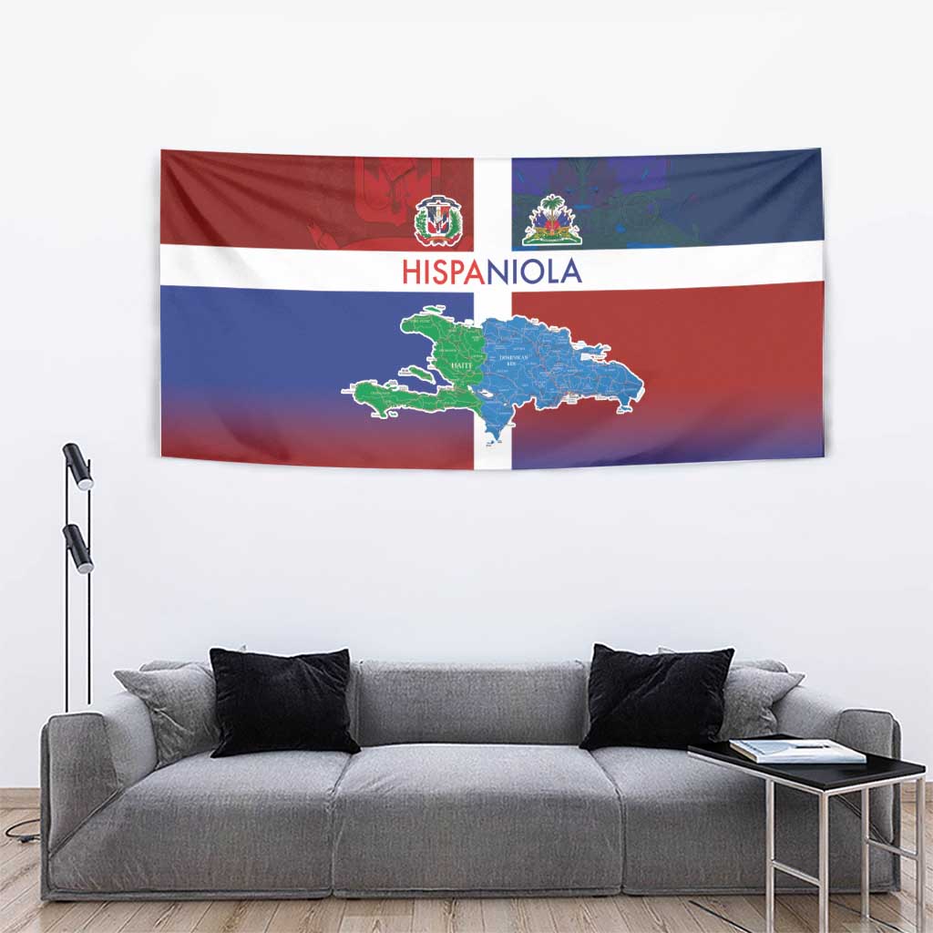 Haiti and Dominican Republic Tapestry Hispaniola with Emblems and Flag Style