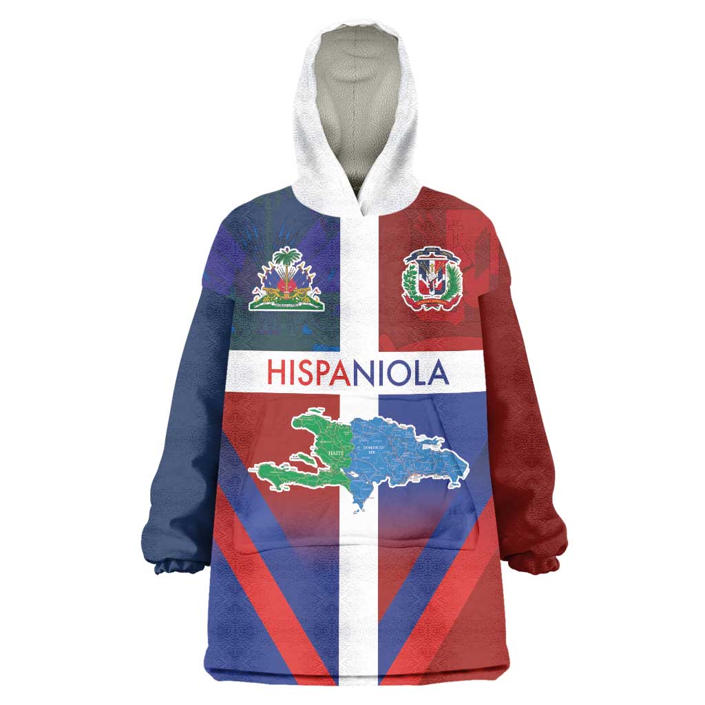 Haiti and Dominican Republic Wearable Blanket Hoodie Hispaniola with Emblems and Flag Style