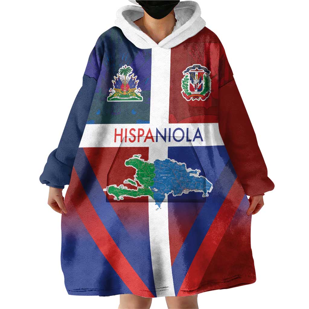 Haiti and Dominican Republic Wearable Blanket Hoodie Hispaniola with Emblems and Flag Style