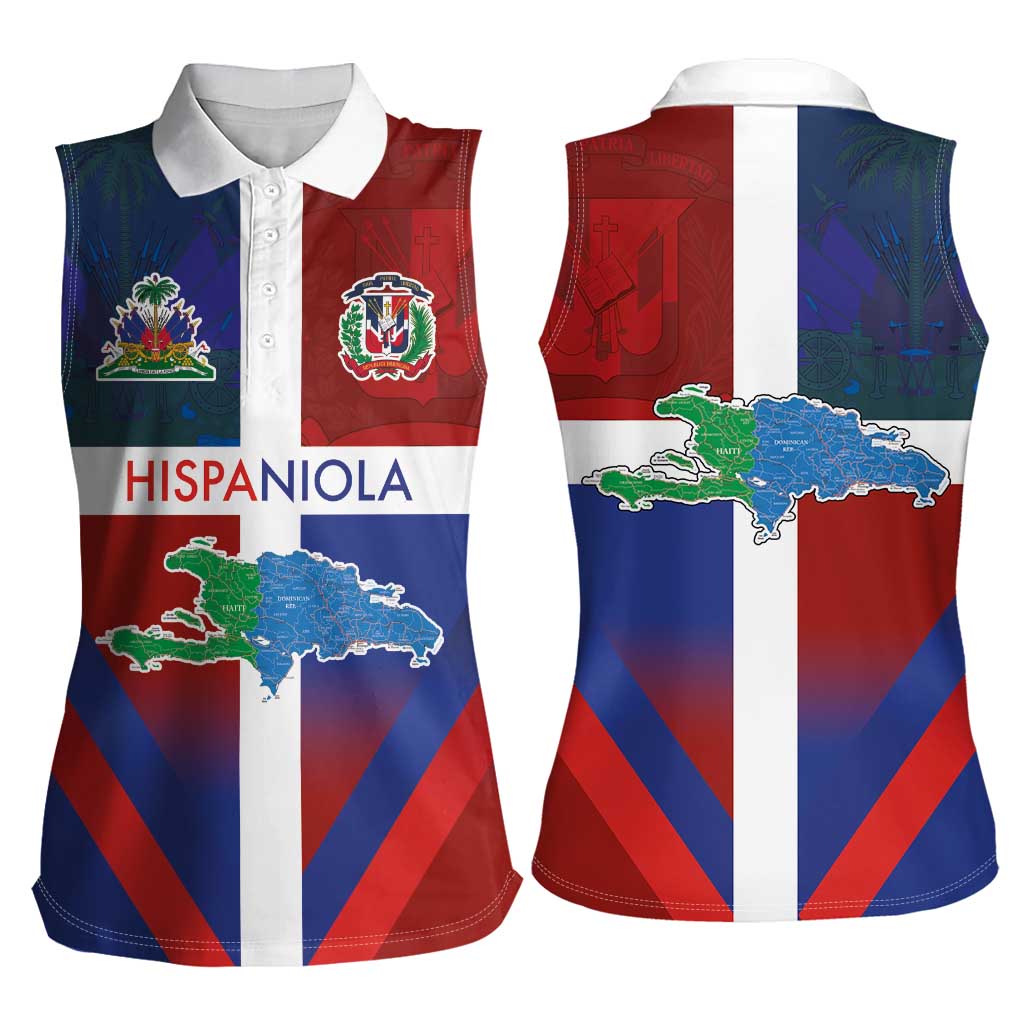 Haiti and Dominican Republic Women Sleeveless Polo Shirt Hispaniola with Emblems and Flag Style