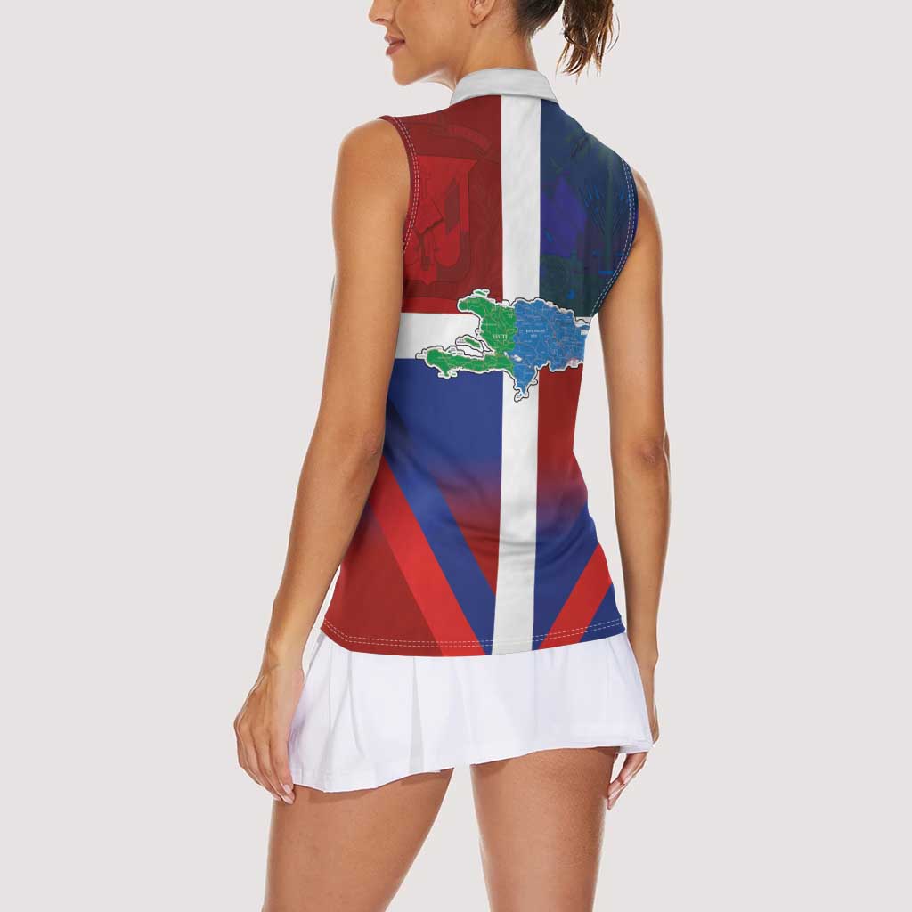 Haiti and Dominican Republic Women Sleeveless Polo Shirt Hispaniola with Emblems and Flag Style