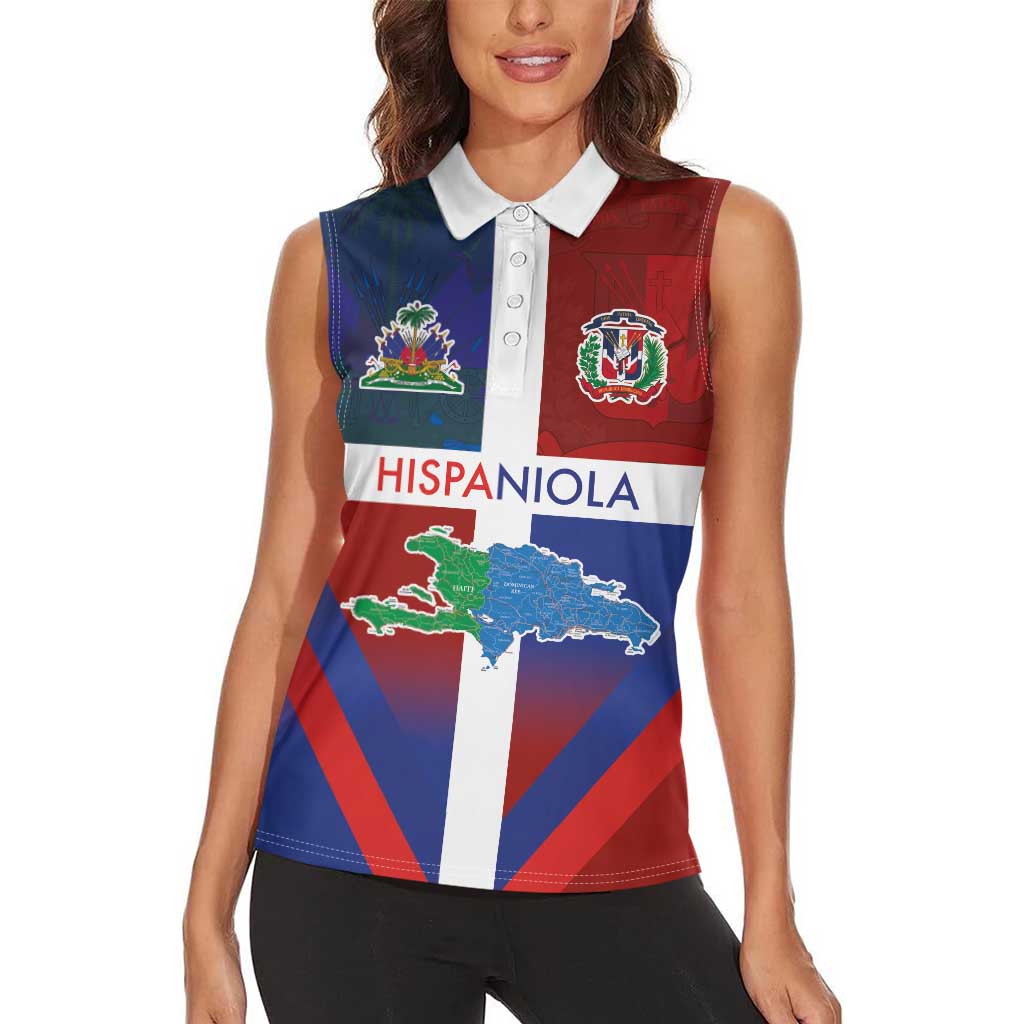 Haiti and Dominican Republic Women Sleeveless Polo Shirt Hispaniola with Emblems and Flag Style