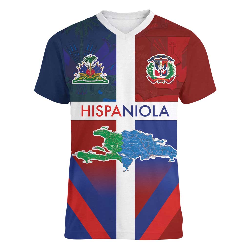 Haiti and Dominican Republic Women V-Neck T-Shirt Hispaniola with Emblems and Flag Style