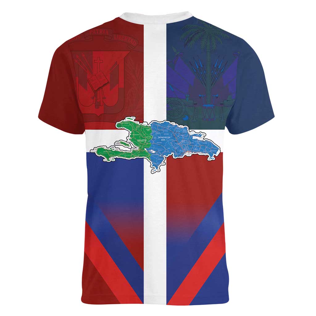 Haiti and Dominican Republic Women V-Neck T-Shirt Hispaniola with Emblems and Flag Style