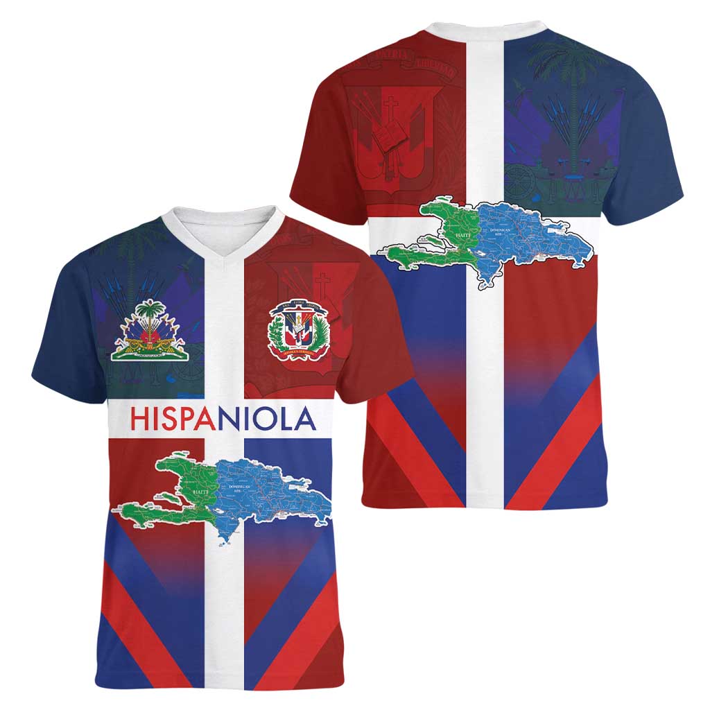 Haiti and Dominican Republic Women V-Neck T-Shirt Hispaniola with Emblems and Flag Style