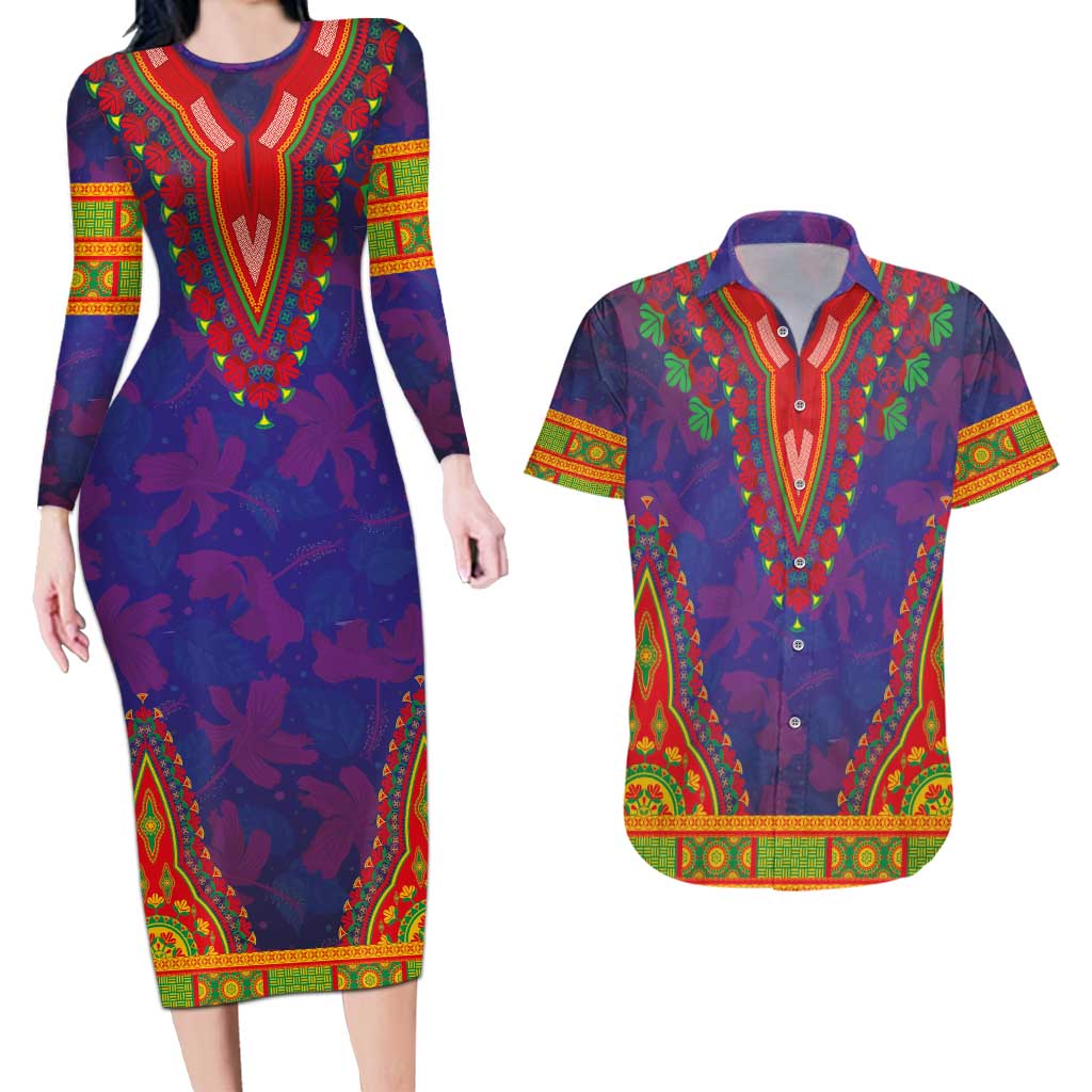 Haiti Choeblack Dashiki Style Couples Matching Long Sleeve Bodycon Dress and Hawaiian Shirt Blue Color