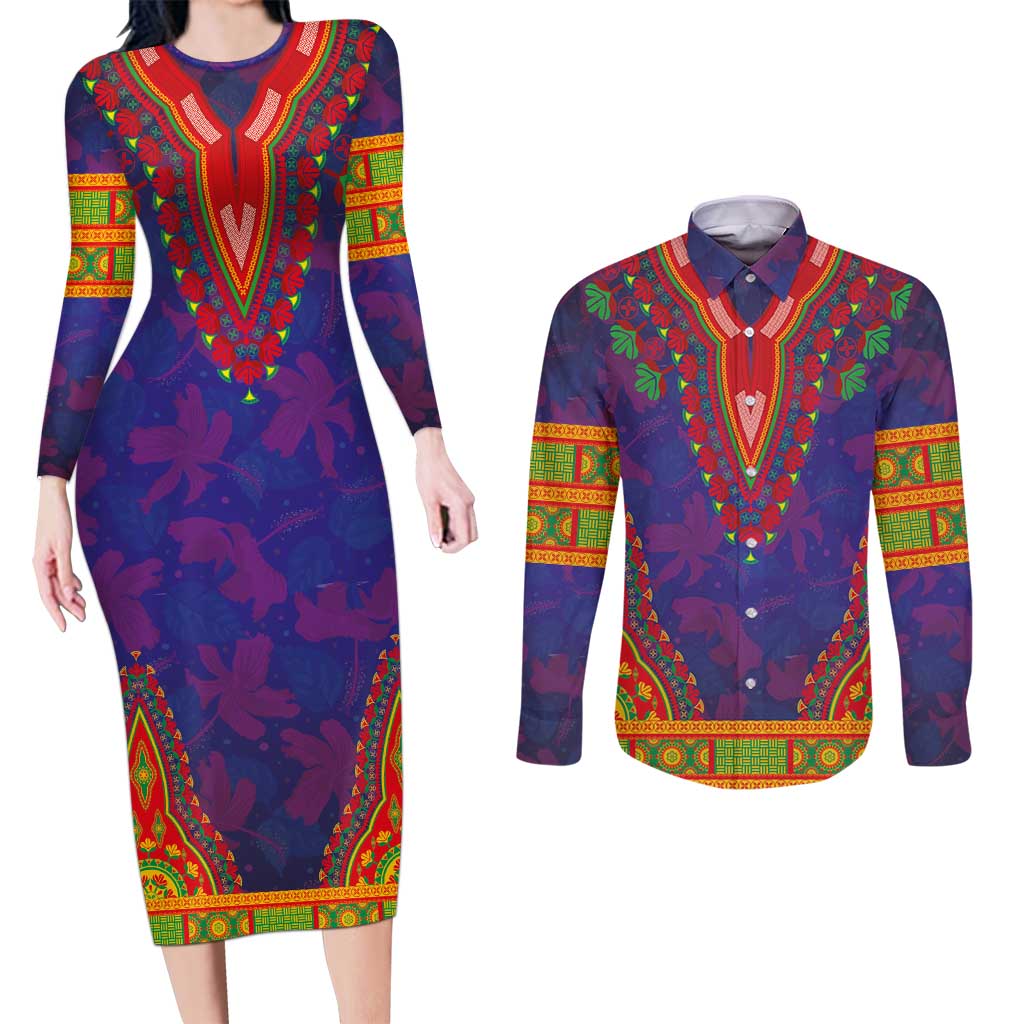 Haiti Choeblack Dashiki Style Couples Matching Long Sleeve Bodycon Dress and Long Sleeve Button Shirt Blue Color