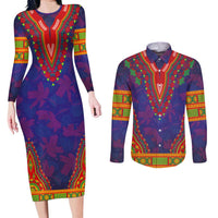 Haiti Choeblack Dashiki Style Couples Matching Long Sleeve Bodycon Dress and Long Sleeve Button Shirt Blue Color