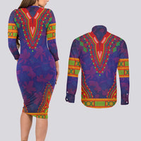 Haiti Choeblack Dashiki Style Couples Matching Long Sleeve Bodycon Dress and Long Sleeve Button Shirt Blue Color