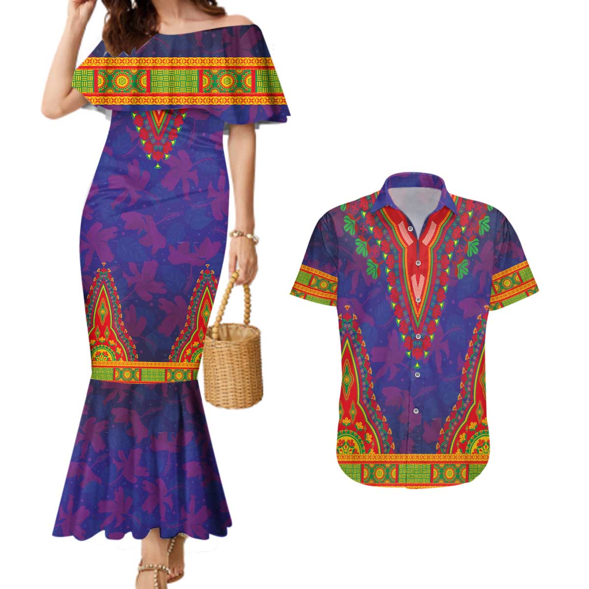Haiti Choeblack Dashiki Style Couples Matching Mermaid Dress and Hawaiian Shirt Blue Color