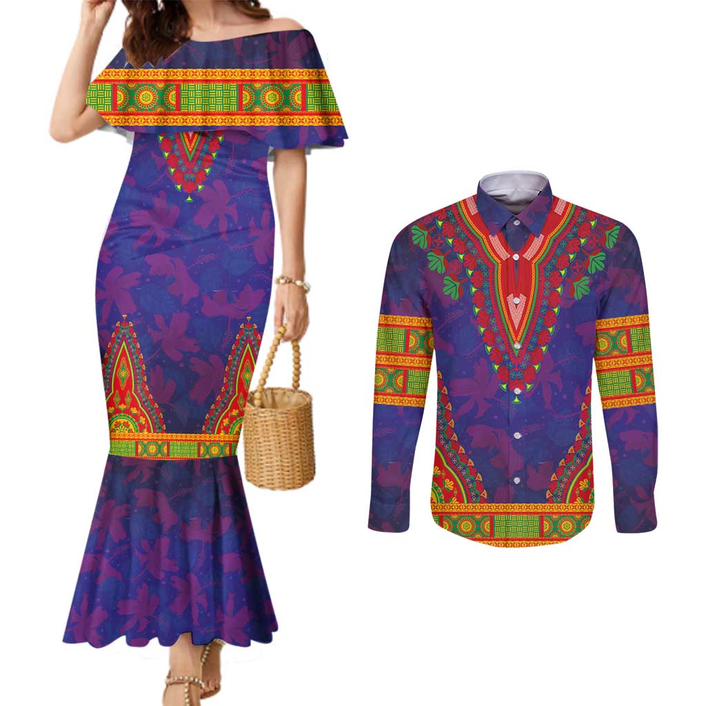 Haiti Choeblack Dashiki Style Couples Matching Mermaid Dress and Long Sleeve Button Shirt Blue Color