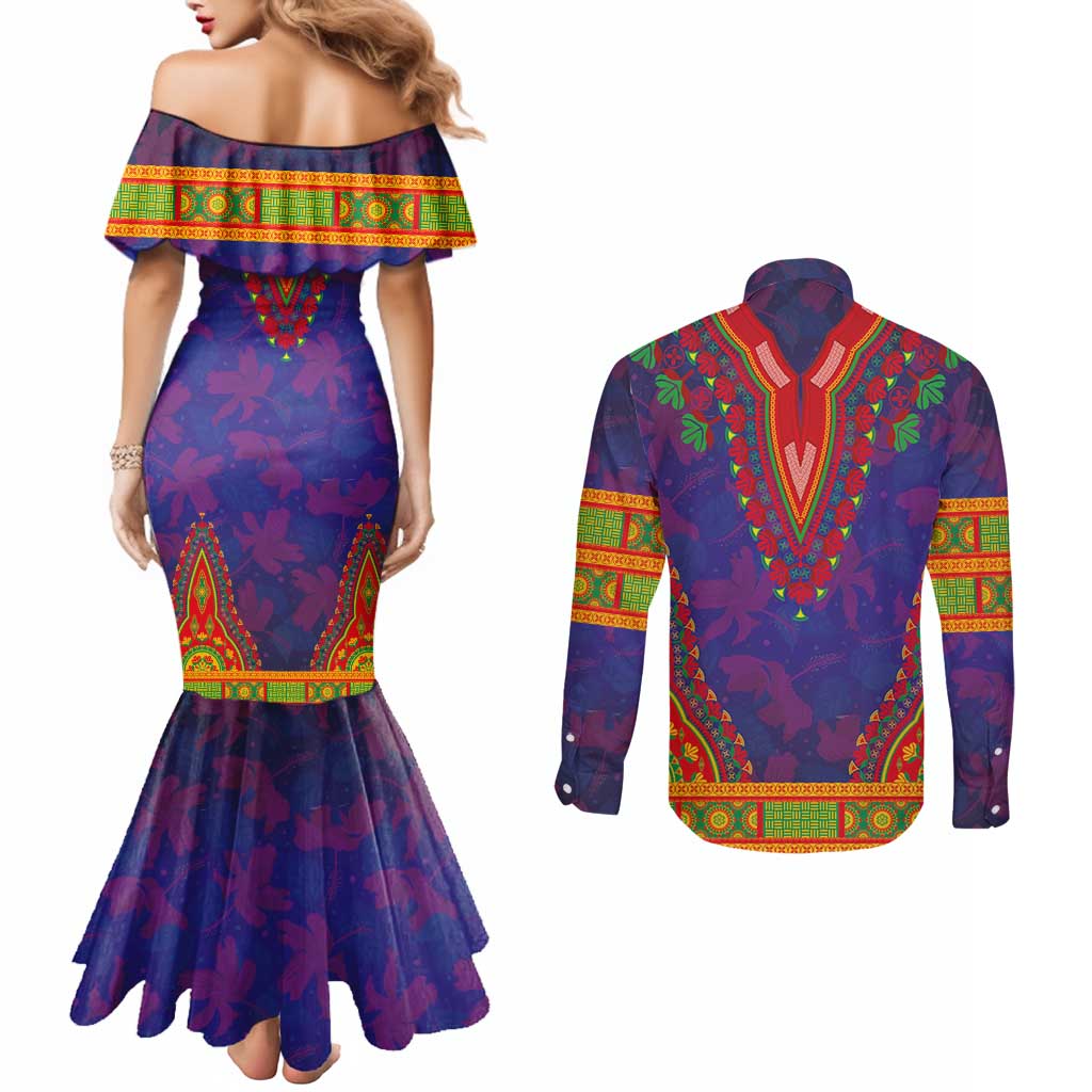 Haiti Choeblack Dashiki Style Couples Matching Mermaid Dress and Long Sleeve Button Shirt Blue Color