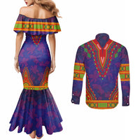 Haiti Choeblack Dashiki Style Couples Matching Mermaid Dress and Long Sleeve Button Shirt Blue Color