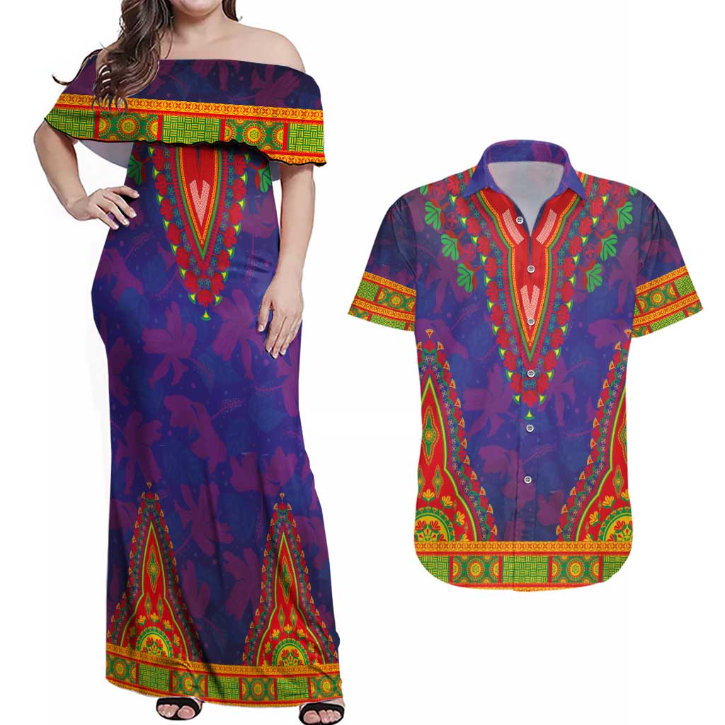 Haiti Choeblack Dashiki Style Couples Matching Off Shoulder Maxi Dress and Hawaiian Shirt Blue Color