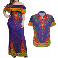 Haiti Choeblack Dashiki Style Couples Matching Off Shoulder Maxi Dress and Hawaiian Shirt Blue Color