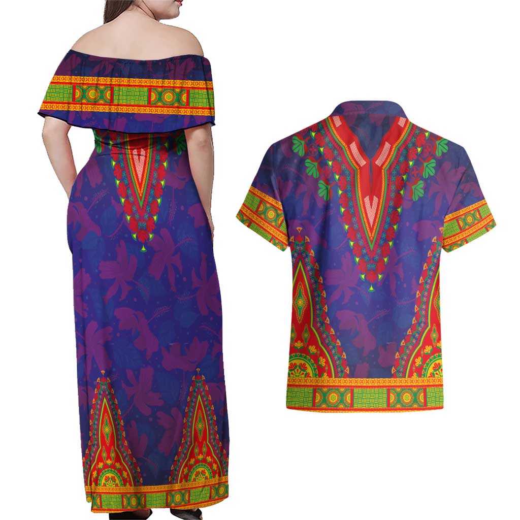 Haiti Choeblack Dashiki Style Couples Matching Off Shoulder Maxi Dress and Hawaiian Shirt Blue Color