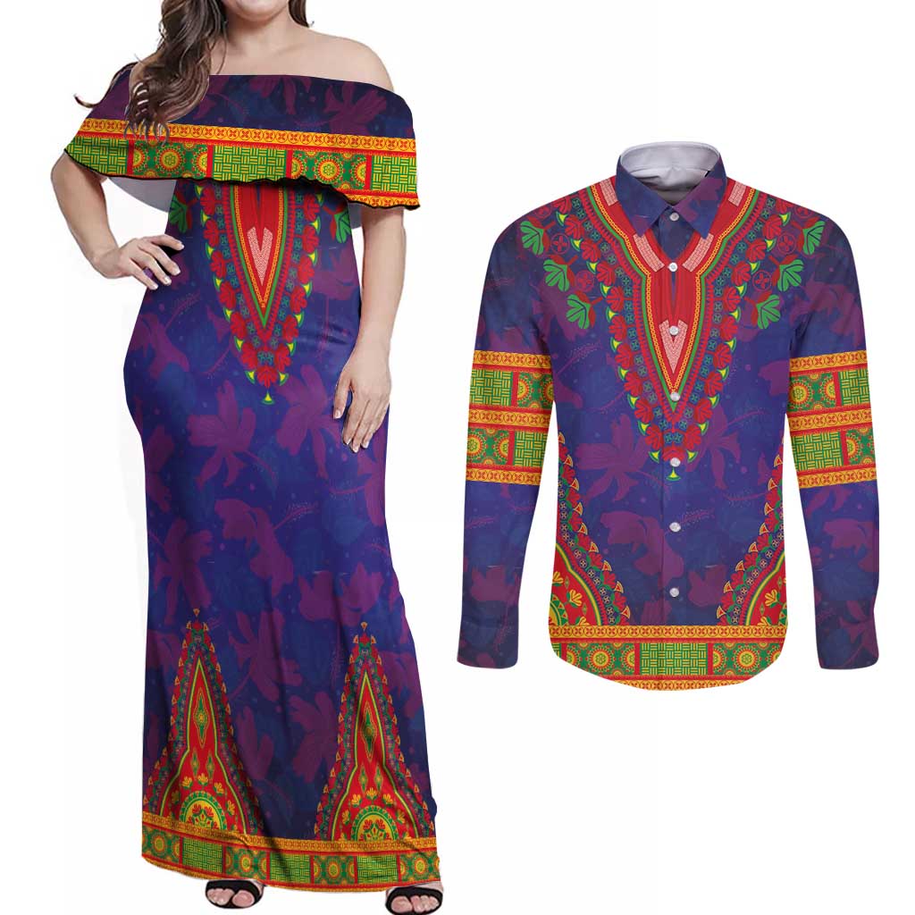 Haiti Choeblack Dashiki Style Couples Matching Off Shoulder Maxi Dress and Long Sleeve Button Shirt Blue Color