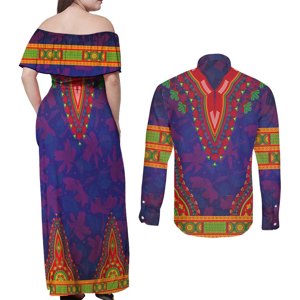 Haiti Choeblack Dashiki Style Couples Matching Off Shoulder Maxi Dress and Long Sleeve Button Shirt Blue Color
