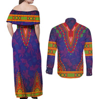 Haiti Choeblack Dashiki Style Couples Matching Off Shoulder Maxi Dress and Long Sleeve Button Shirt Blue Color