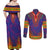 Haiti Choeblack Dashiki Style Couples Matching Off Shoulder Maxi Dress and Long Sleeve Button Shirt Blue Color