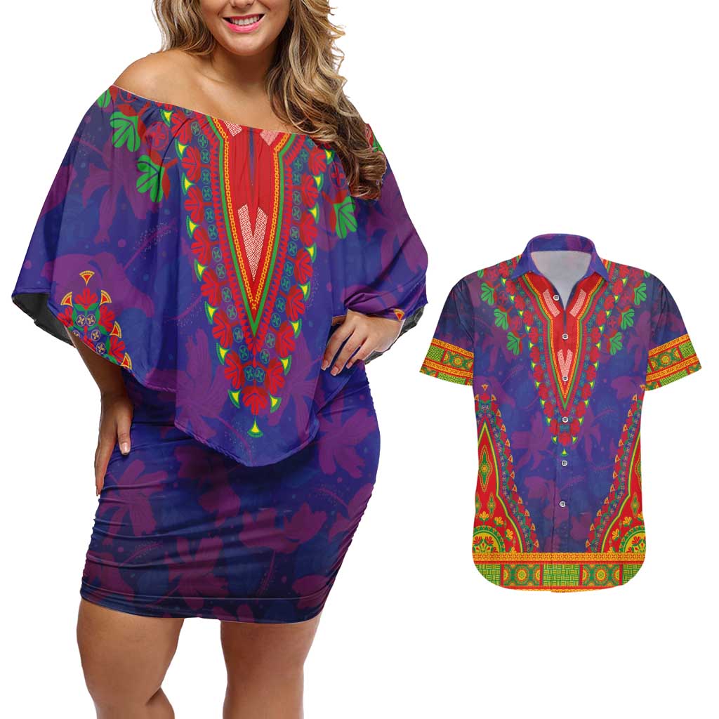 Haiti Choeblack Dashiki Style Couples Matching Off Shoulder Short Dress and Hawaiian Shirt Blue Color