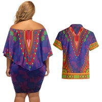 Haiti Choeblack Dashiki Style Couples Matching Off Shoulder Short Dress and Hawaiian Shirt Blue Color