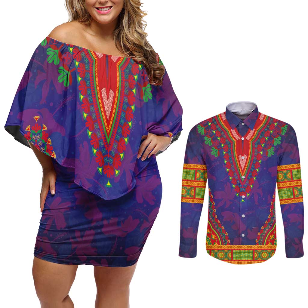 Haiti Choeblack Dashiki Style Couples Matching Off Shoulder Short Dress and Long Sleeve Button Shirt Blue Color