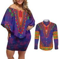 Haiti Choeblack Dashiki Style Couples Matching Off Shoulder Short Dress and Long Sleeve Button Shirt Blue Color