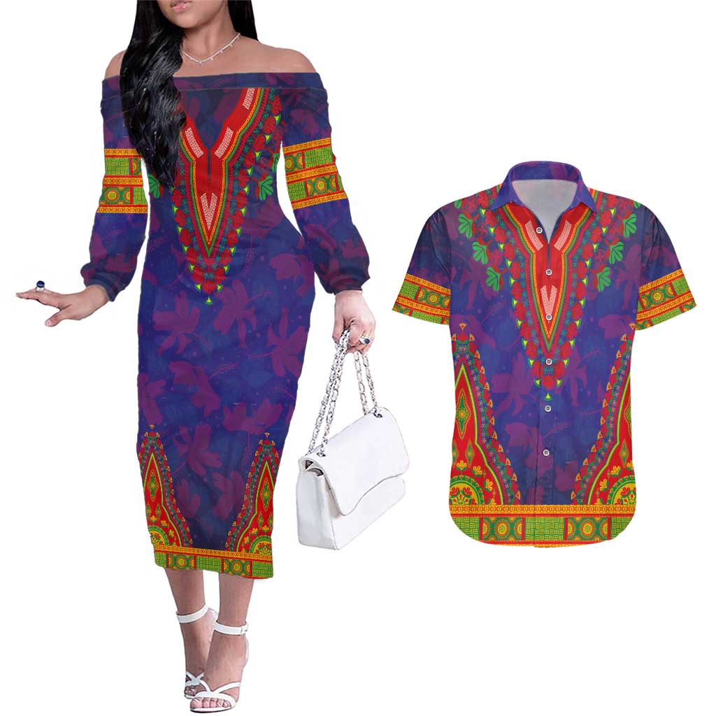Haiti Choeblack Dashiki Style Couples Matching Off The Shoulder Long Sleeve Dress and Hawaiian Shirt Blue Color