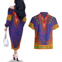 Haiti Choeblack Dashiki Style Couples Matching Off The Shoulder Long Sleeve Dress and Hawaiian Shirt Blue Color