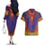 Haiti Choeblack Dashiki Style Couples Matching Off The Shoulder Long Sleeve Dress and Hawaiian Shirt Blue Color
