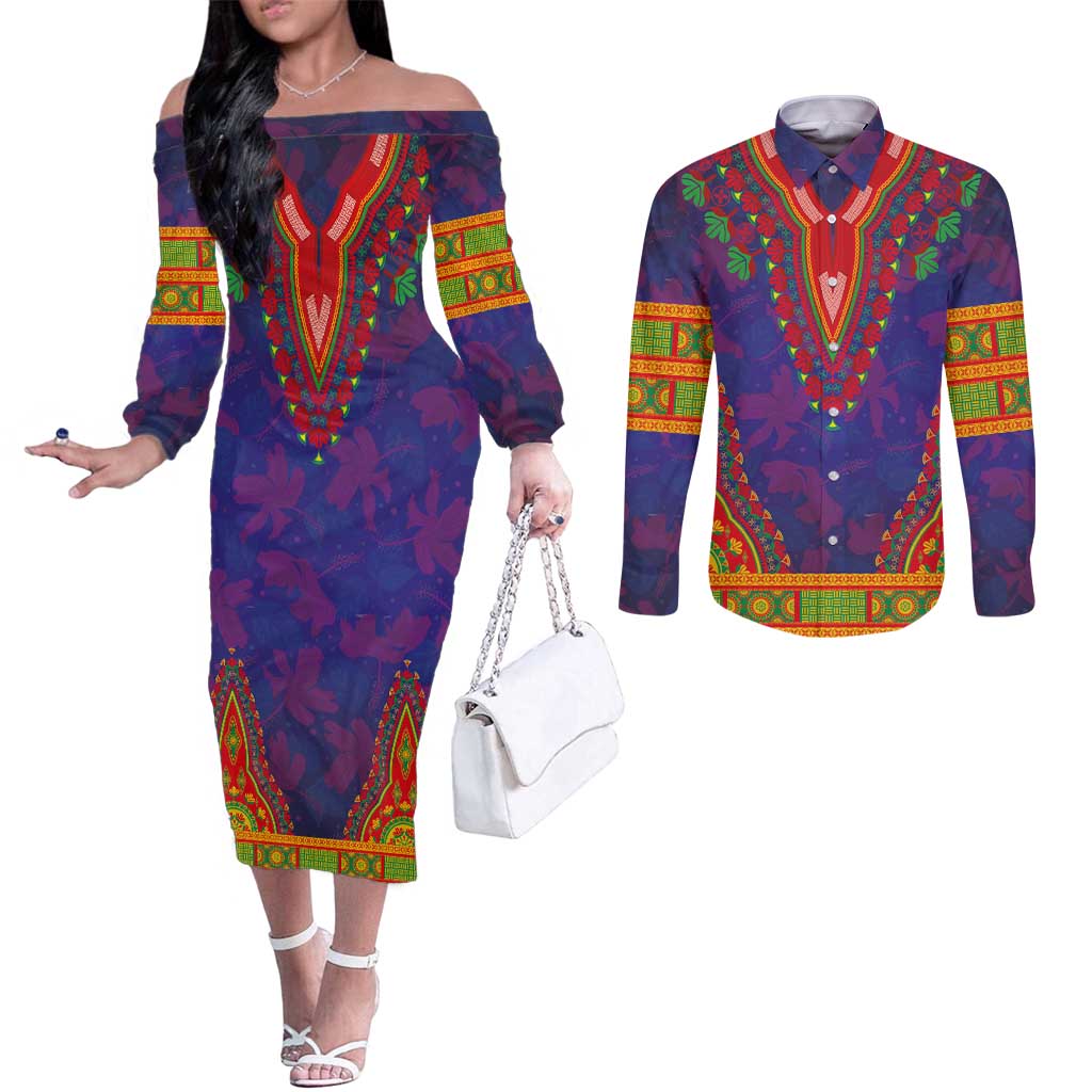Haiti Choeblack Dashiki Style Couples Matching Off The Shoulder Long Sleeve Dress and Long Sleeve Button Shirt Blue Color