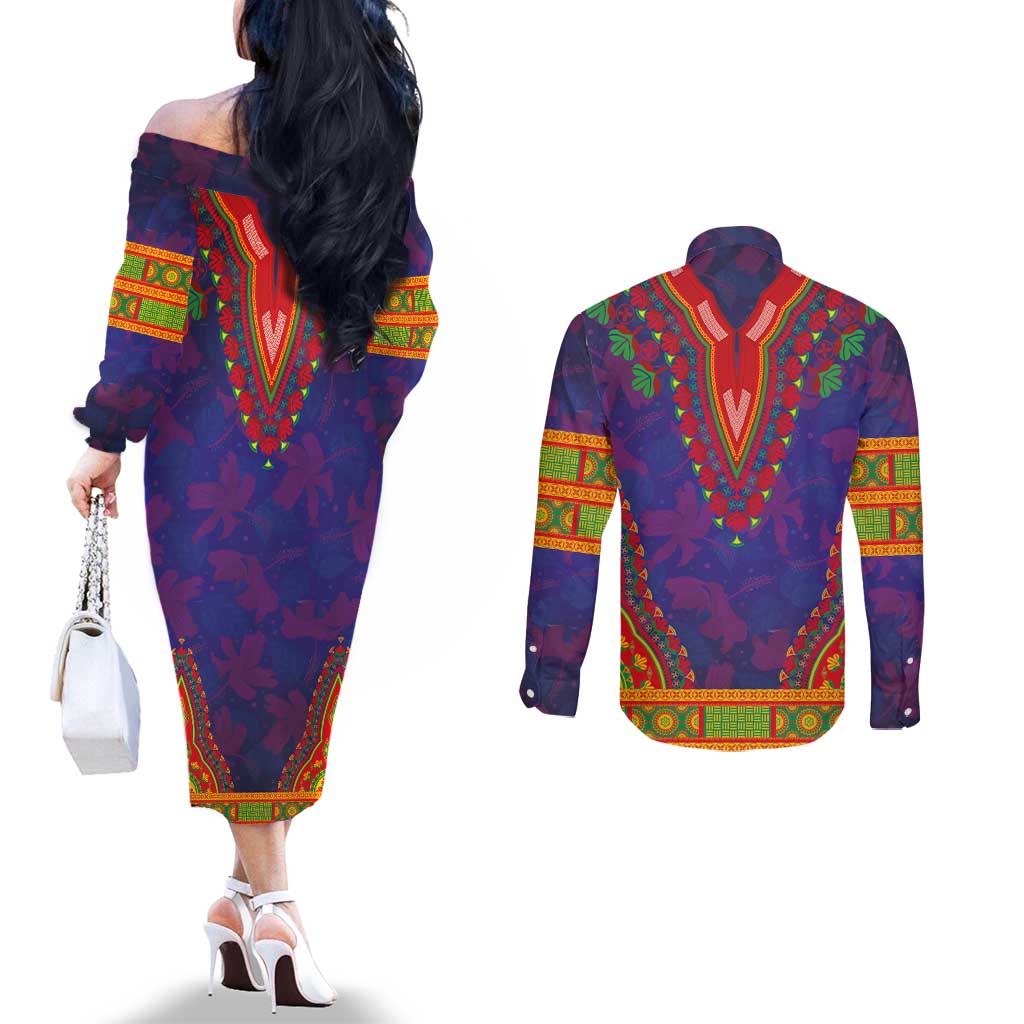 Haiti Choeblack Dashiki Style Couples Matching Off The Shoulder Long Sleeve Dress and Long Sleeve Button Shirt Blue Color