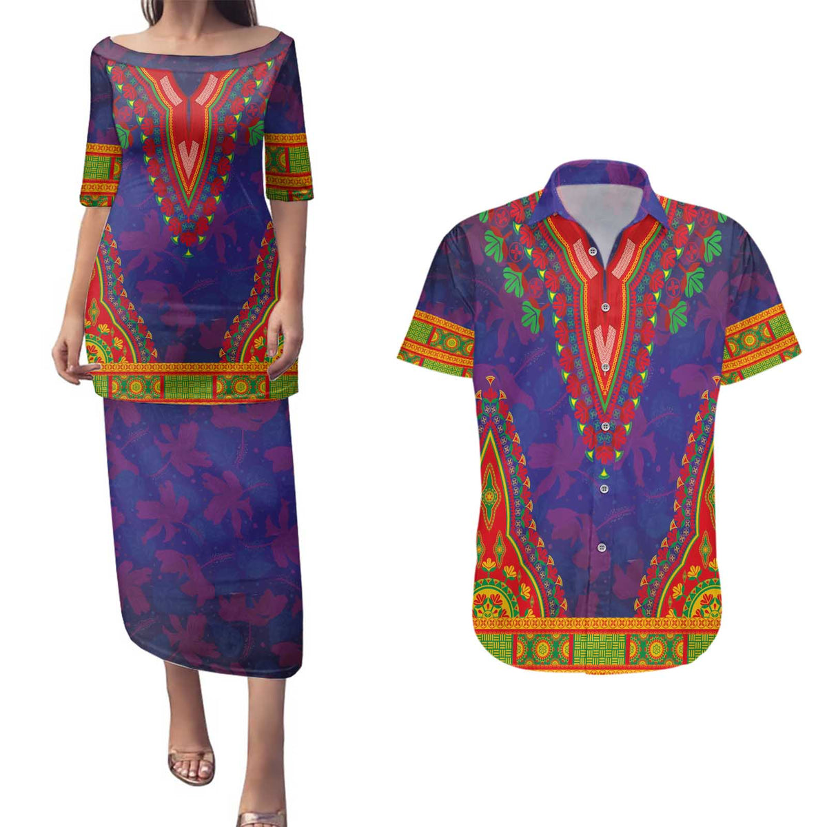 Haiti Choeblack Dashiki Style Couples Matching Puletasi and Hawaiian Shirt Blue Color